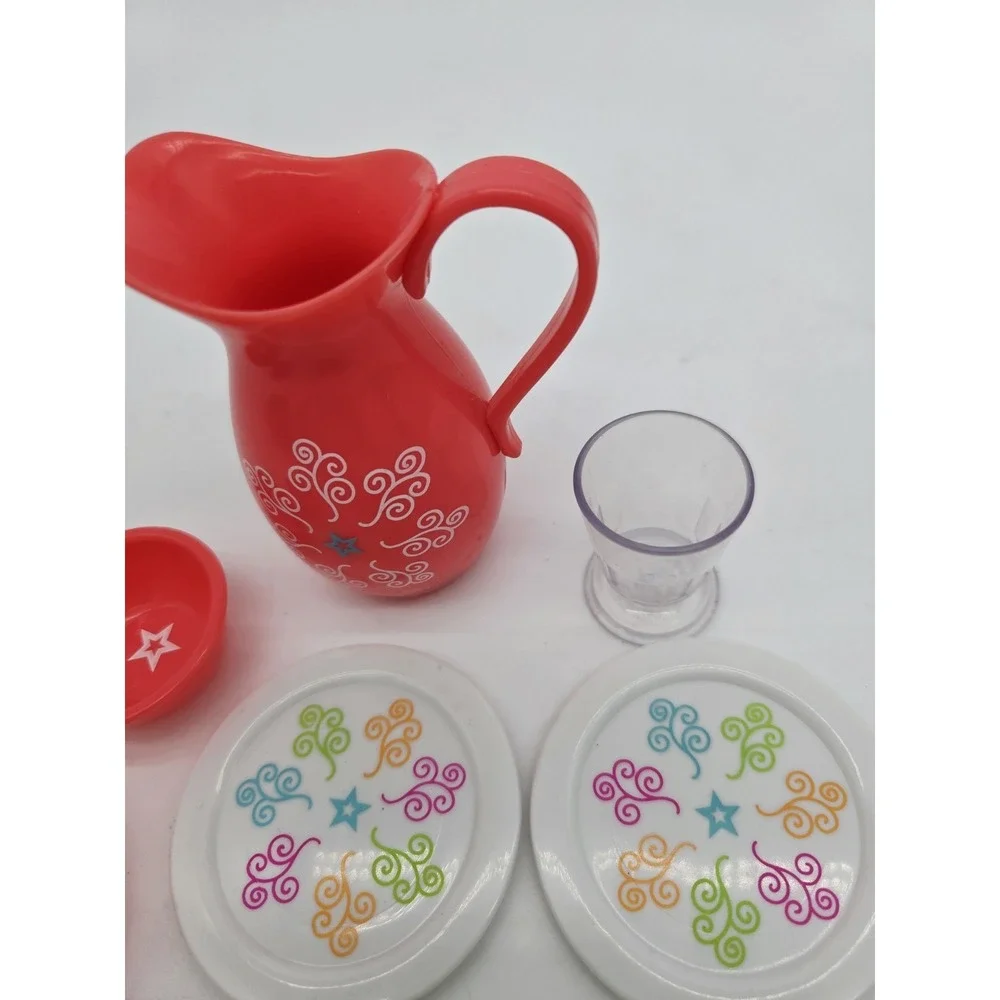 American Girl Doll Kit Pitcher Glass Plates Set Dishes Pink Green